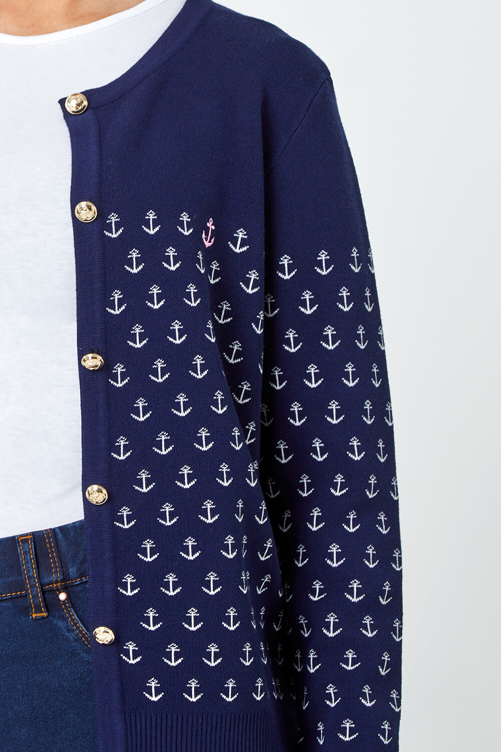 Navy  Petite Anchor Embroidered Cardigan, Image 5 of 5