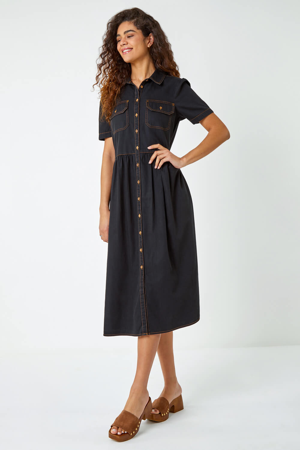 Denim Midi Shirt Dress in Black - Roman Originals UK