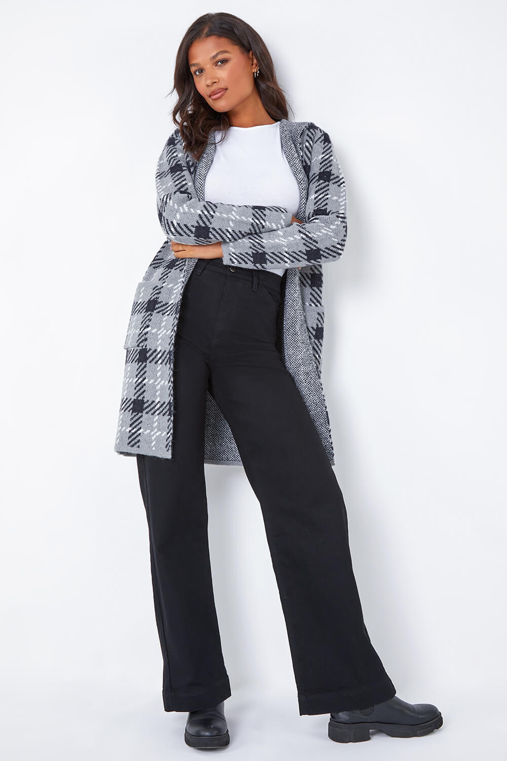 Grey Check Longline Hooded Cardigan, Image 1 of 7