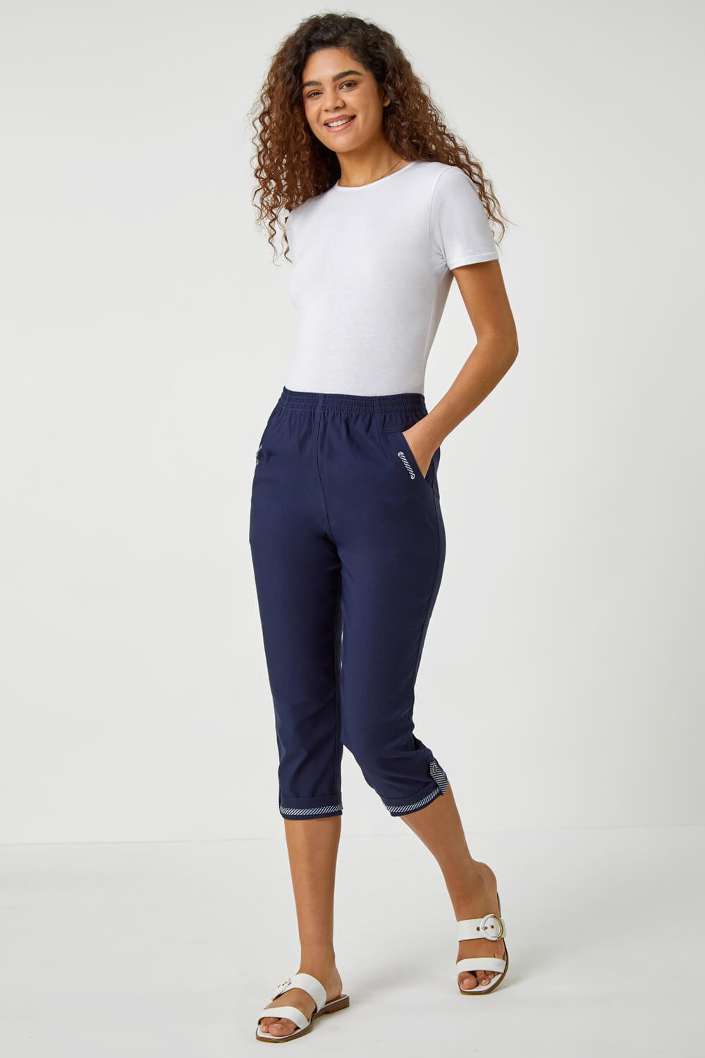 Navy  Eyelet Detail Cropped Stretch Trousers, Image 2 of 5