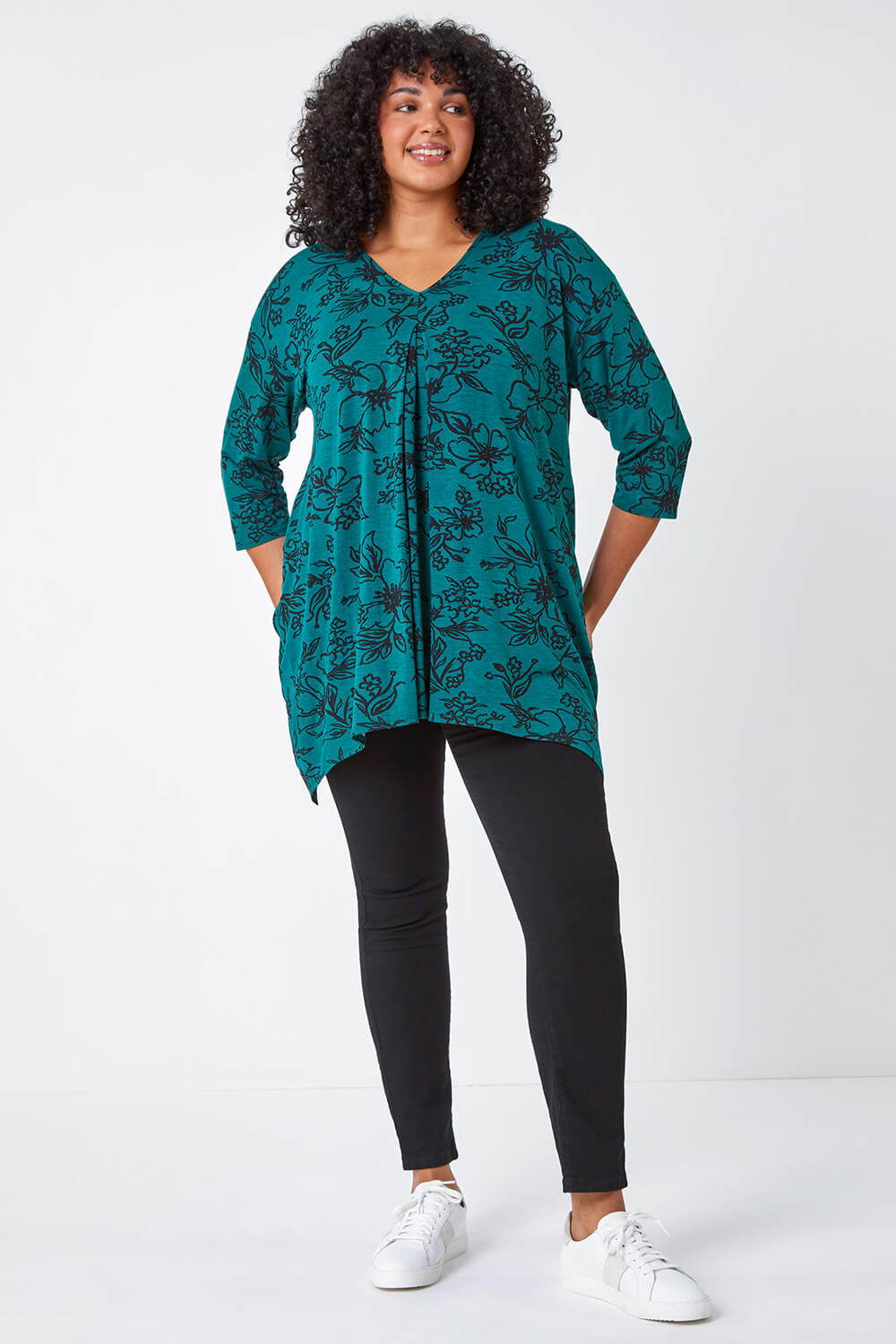 Green Curve Tie Back Floral Tunic Stretch Top, Image 2 of 5