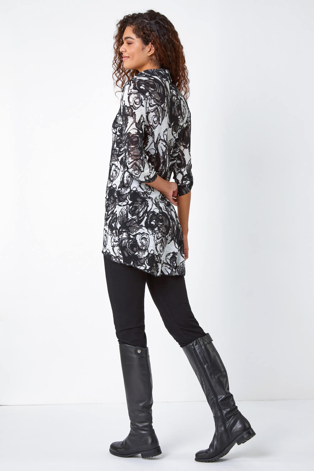 Black Floral Print Collared Stretch Top, Image 3 of 5