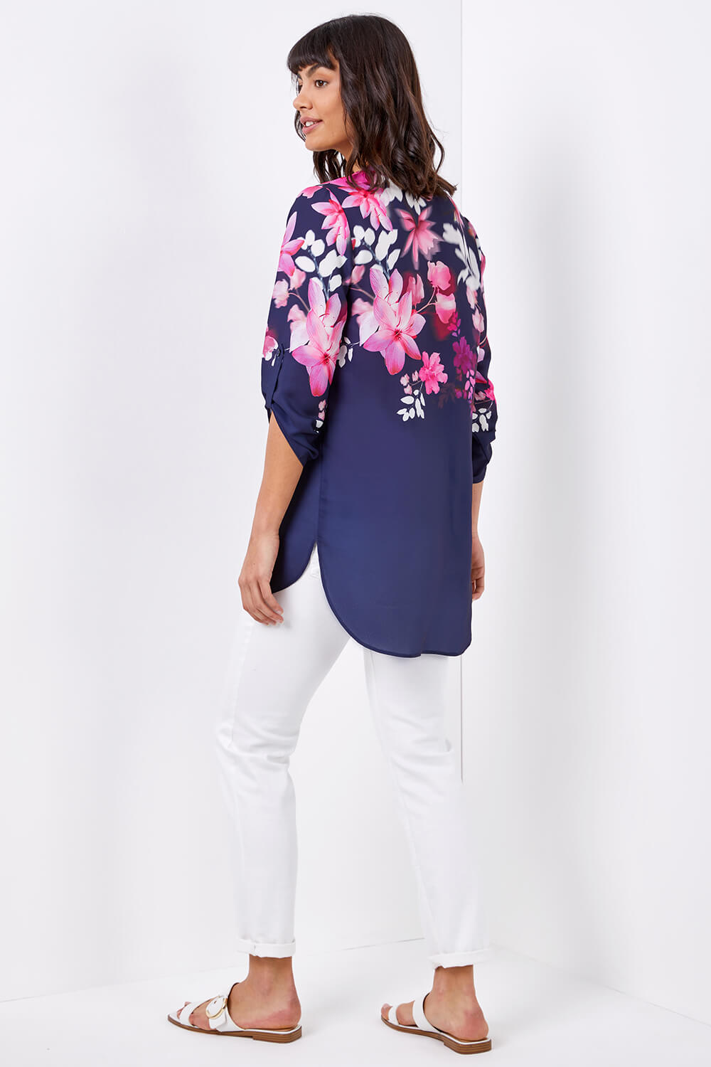 Navy  Floral Print Button Down Top, Image 2 of 4