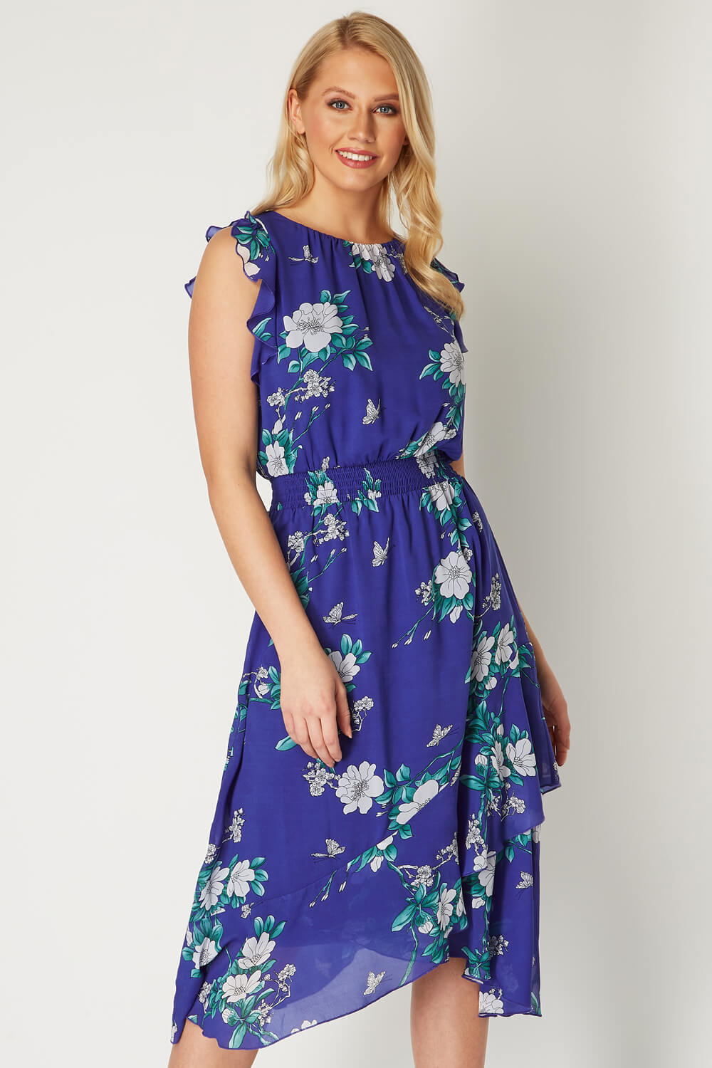 Floral Ruffle Midi Dress in Royal Blue - Roman Originals UK