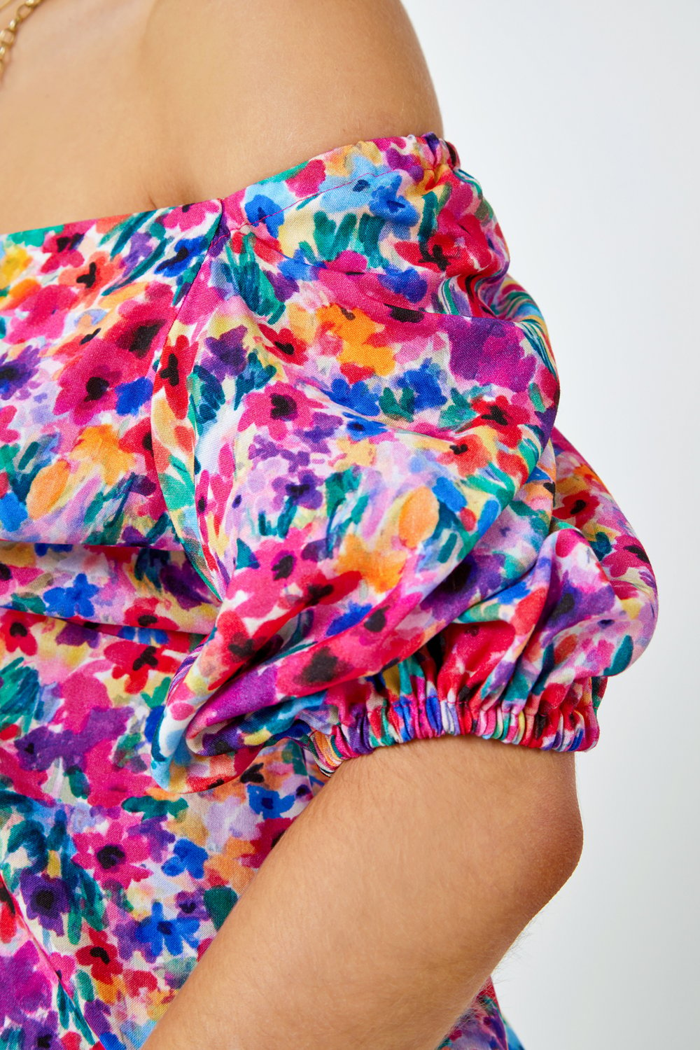Fuchsia Floral Print Ruched Tie Detail Top , Image 5 of 5