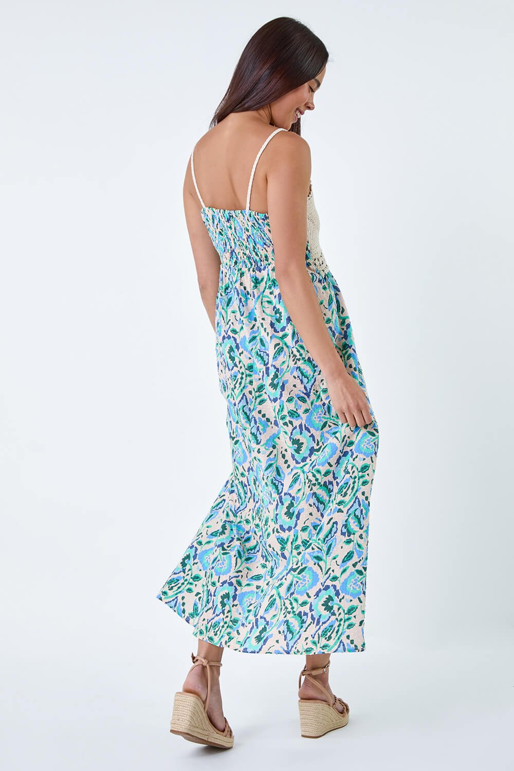 Turquoise Petite Crochet Cotton Printed Maxi Dress, Image 3 of 5