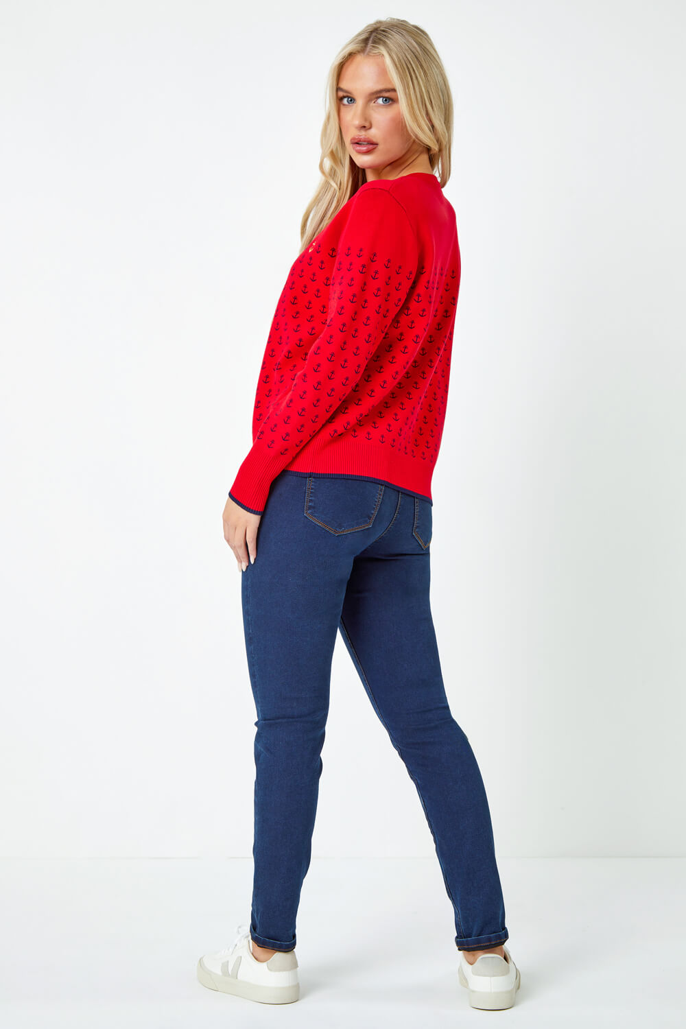 Red Petite Anchor Embroidered Cardigan, Image 3 of 5