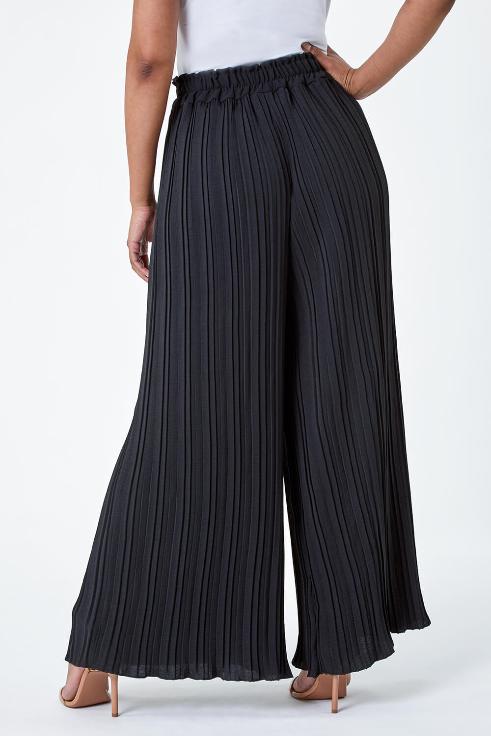 Black Petite Pleated Wide Leg Trousers, Image 3 of 5