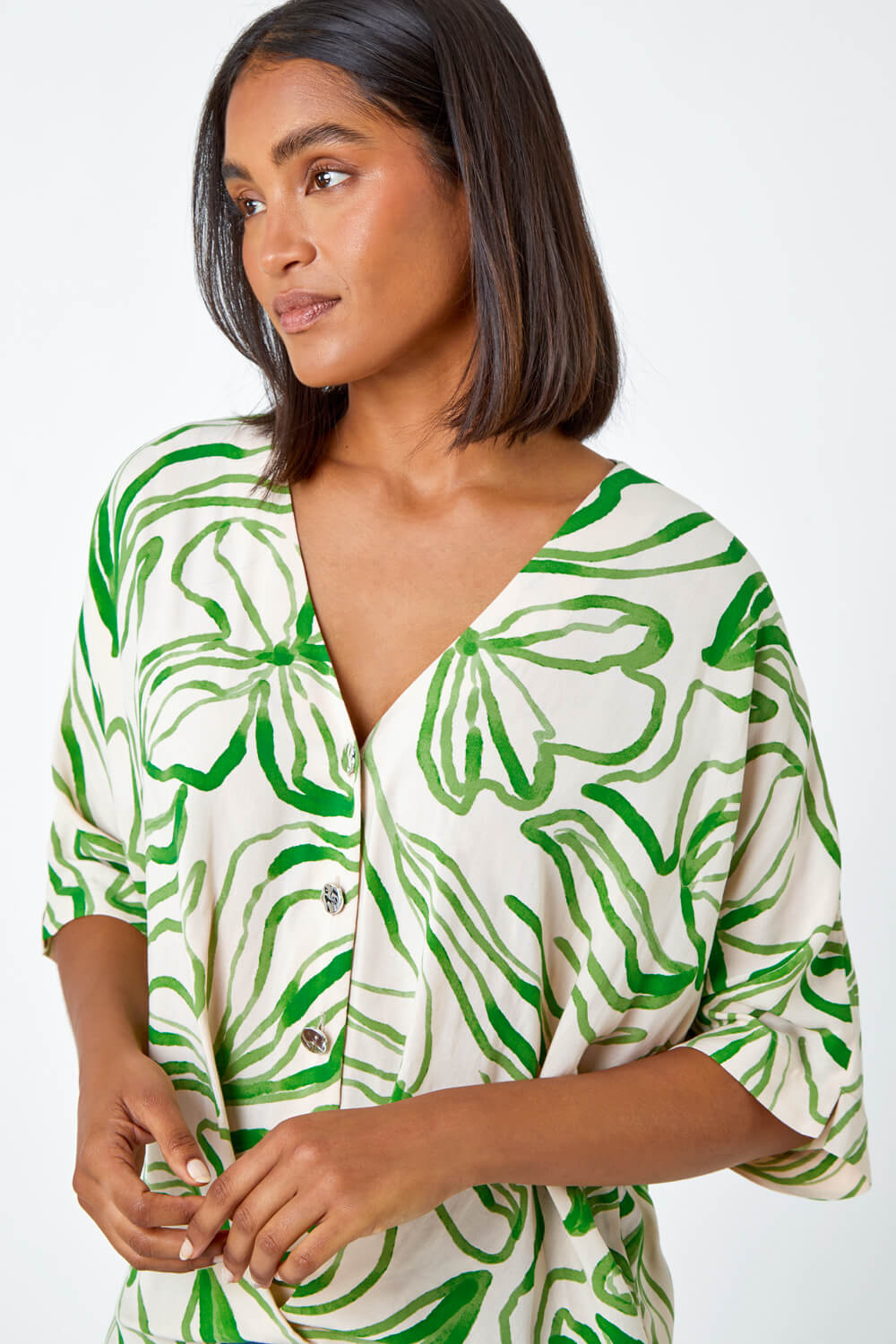 Green Abstract Floral Print Button Twist Top, Image 4 of 5