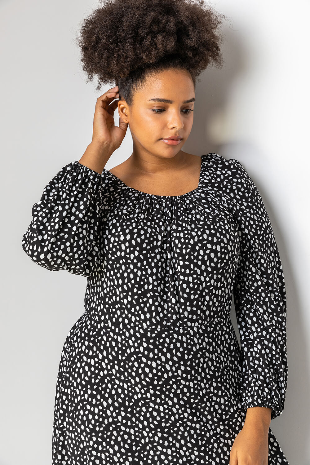 Black Curve Spot Print Midi Dress, Image 4 of 5