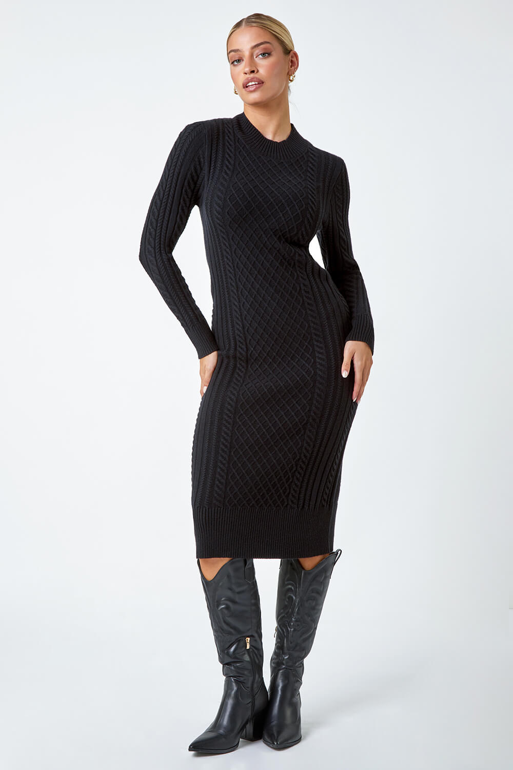 Black Cable Knit Midi Jumper Dress, Image 2 of 7