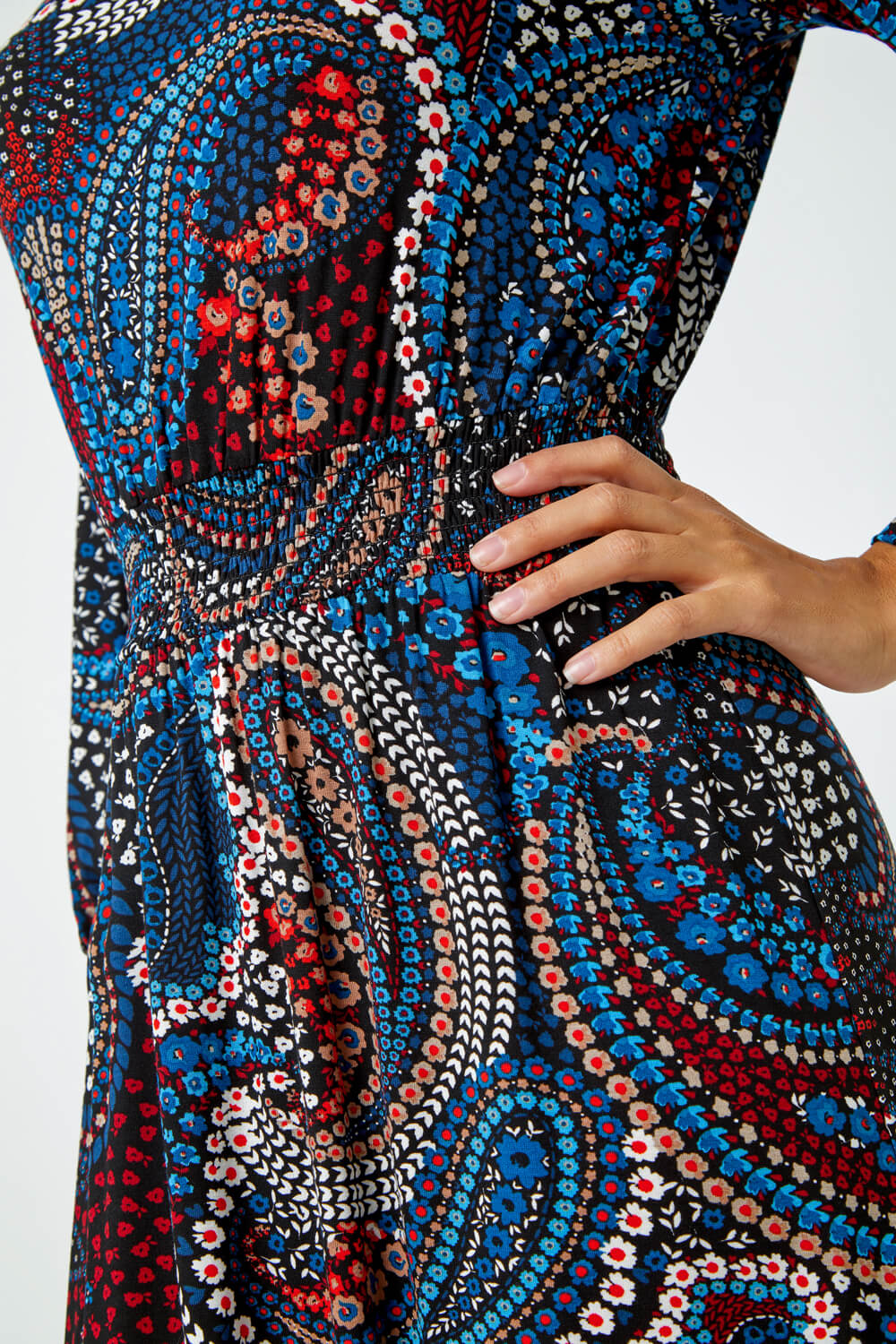 Blue Paisley Print Shirred Midi Stretch Dress, Image 5 of 5