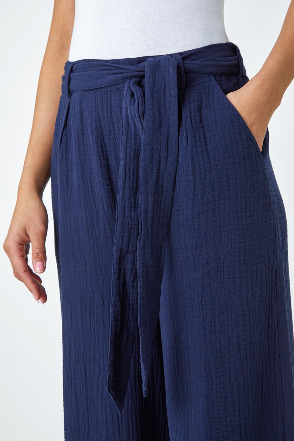 Navy  Textured Cotton Wide Leg Trousers, Image 5 of 5