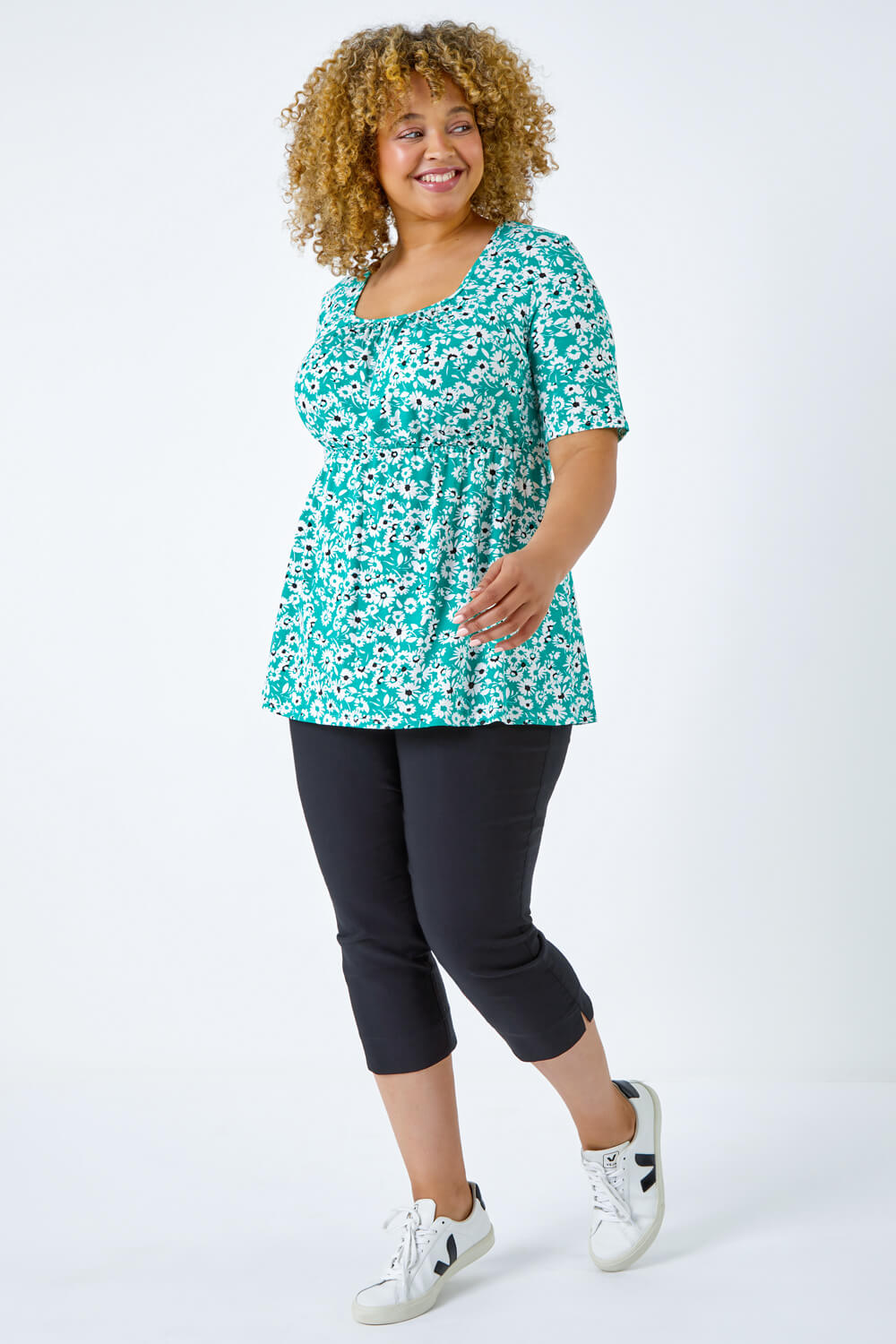 Green Curve Floral Print Smock Top, Image 2 of 5