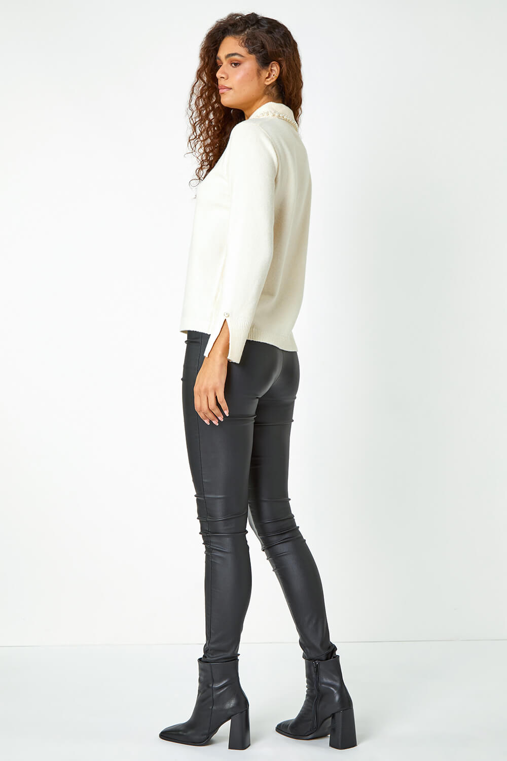 Ivory  Pearl Collared Stretch Jumper, Image 3 of 5