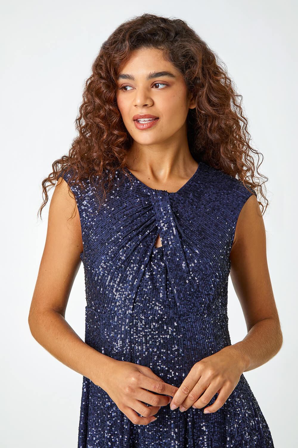 Midnight Blue Sequin Twist Front Stretch Dress, Image 4 of 5
