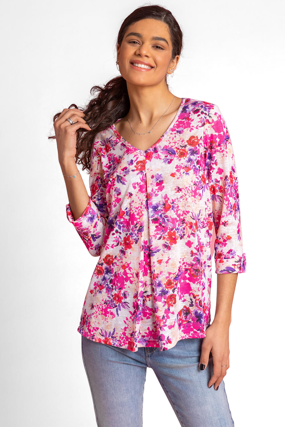 PINK Floral Print Jersey Pleat Detail Top, Image 4 of 4