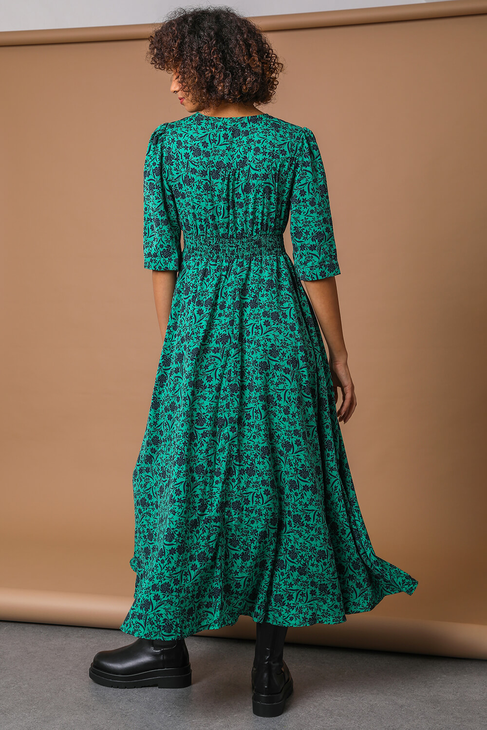 Green Floral Print Shirred Waist Maxi Dress, Image 2 of 5