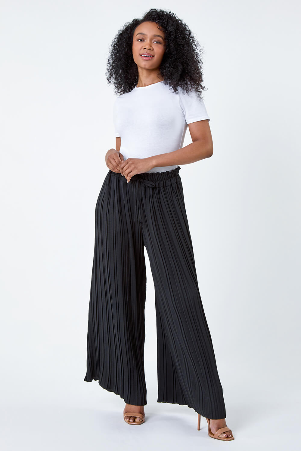Black Petite Pleated Wide Leg Trousers, Image 2 of 5