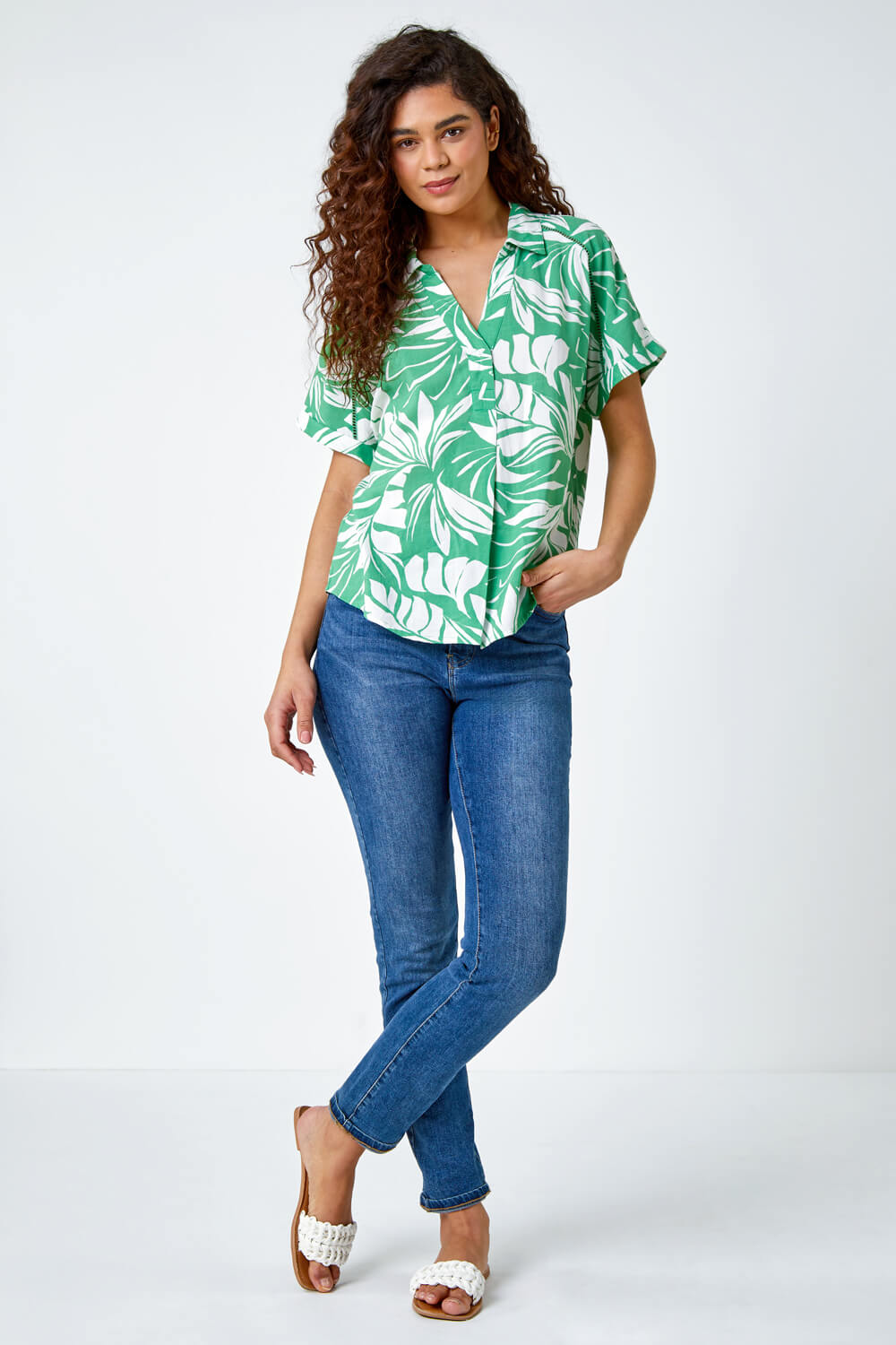 Green Tropical Print Ladder Lace Overshirt, Image 2 of 5