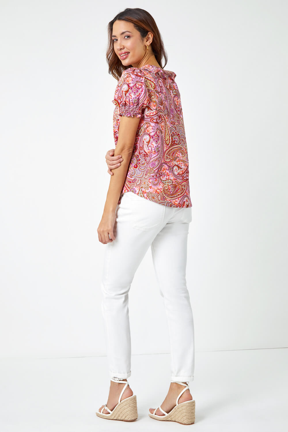 PINK Paisley Print Ruffle Front Top, Image 3 of 5