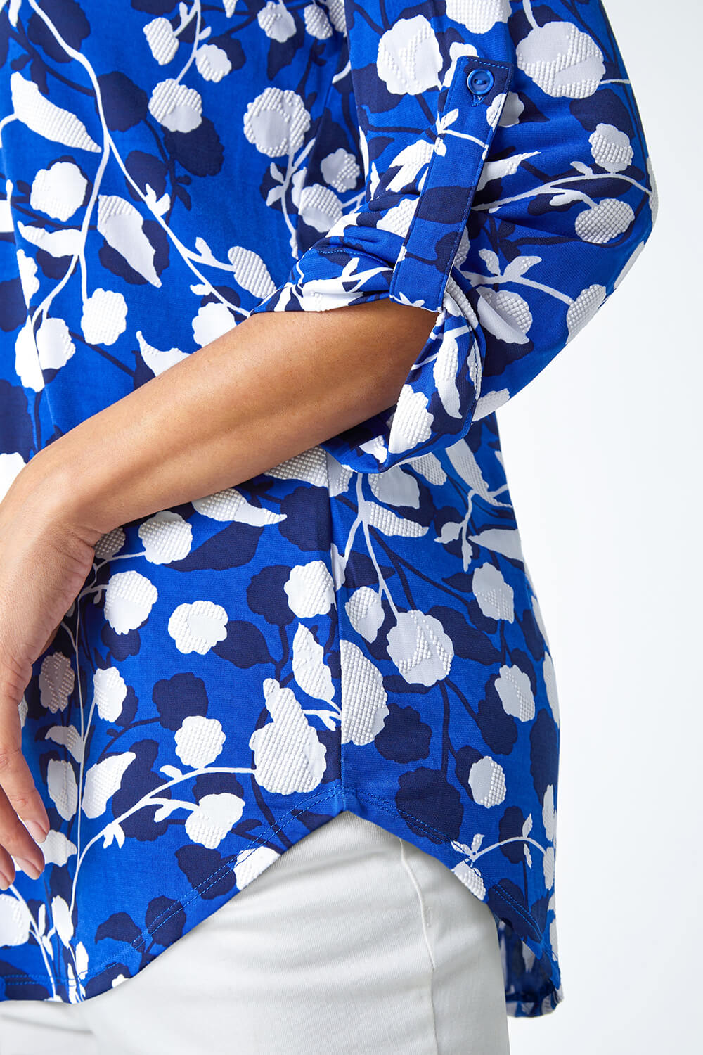 Royal Blue Textured Floral Print Stretch Shirt, Image 5 of 5