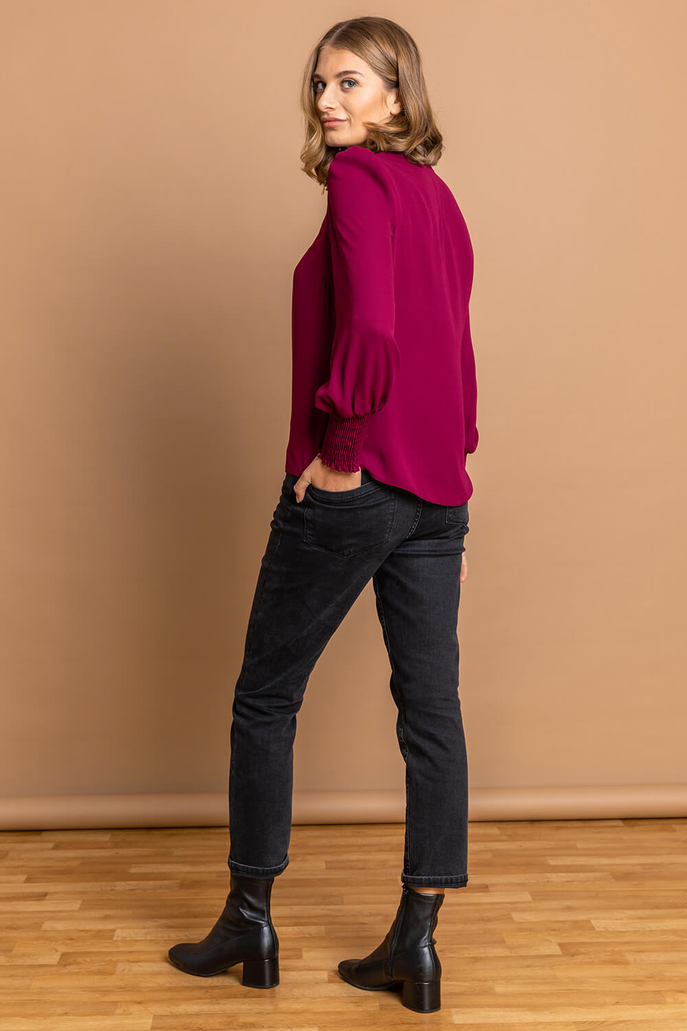 Wine Plain Buttoned Shirred Cuff Top, Image 2 of 4