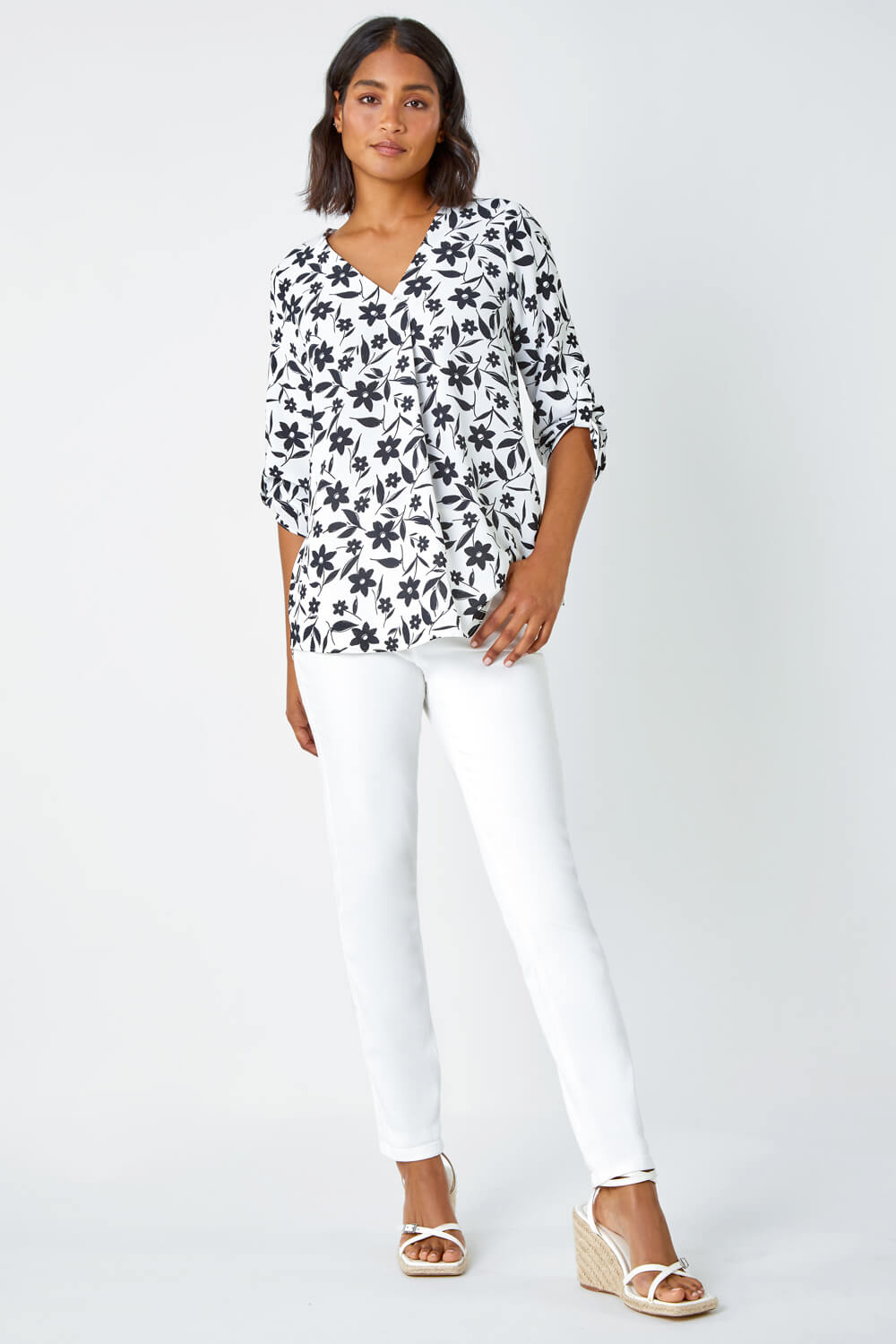 Black Floral Print Pleat Front Tunic Top, Image 2 of 5