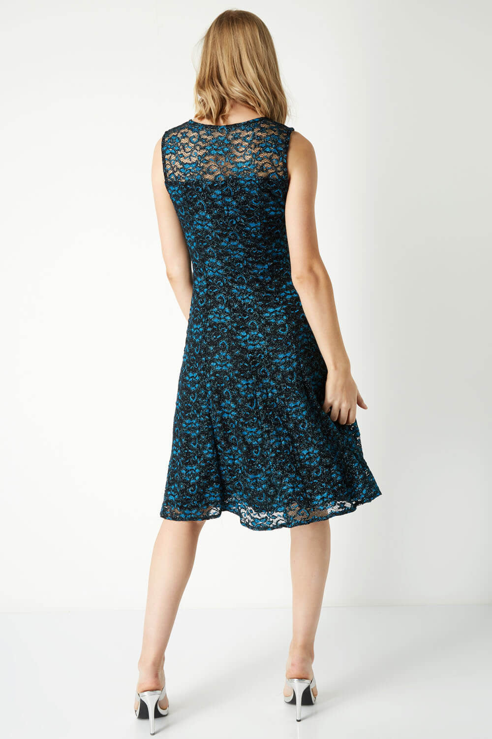 Teal Shimmer Lace Fit and Flare Dress, Image 3 of 5