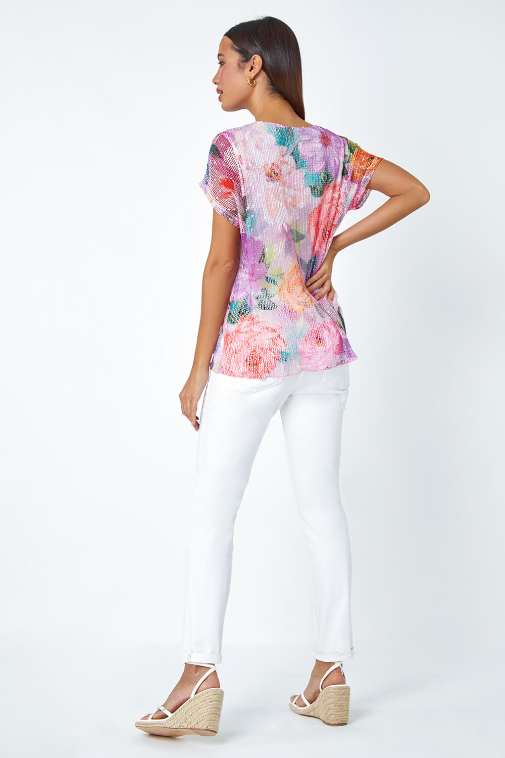 PINK Mesh Overlay Floral Print T-Shirt, Image 3 of 5