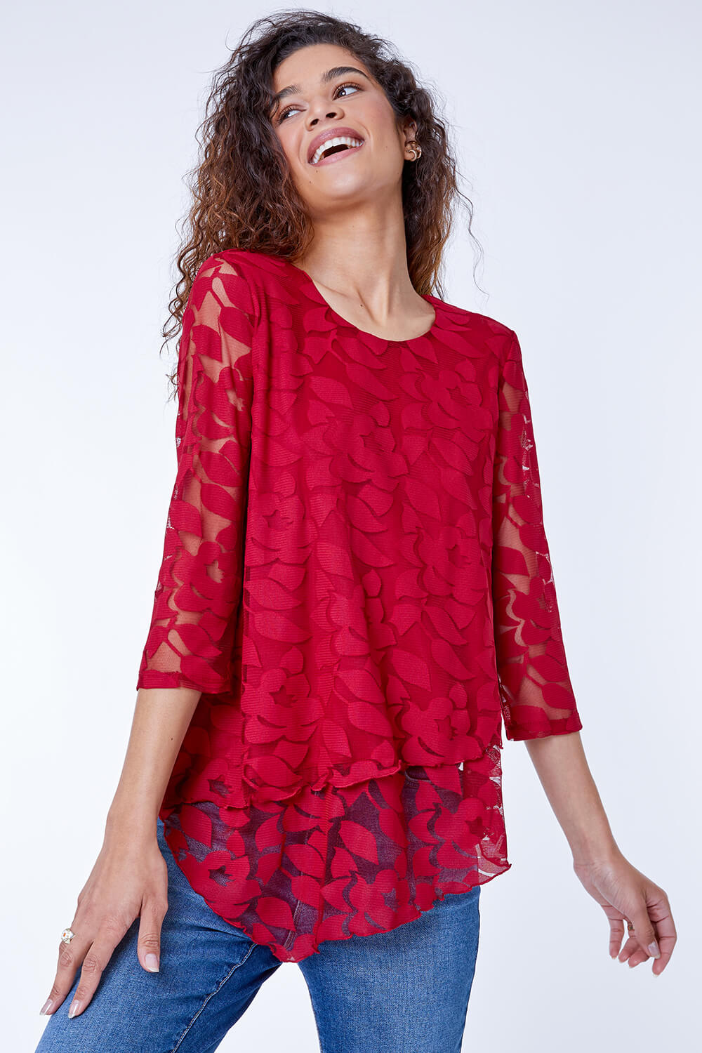 Red Burnout Leaf Asymmetric Stretch Top, Image 5 of 5