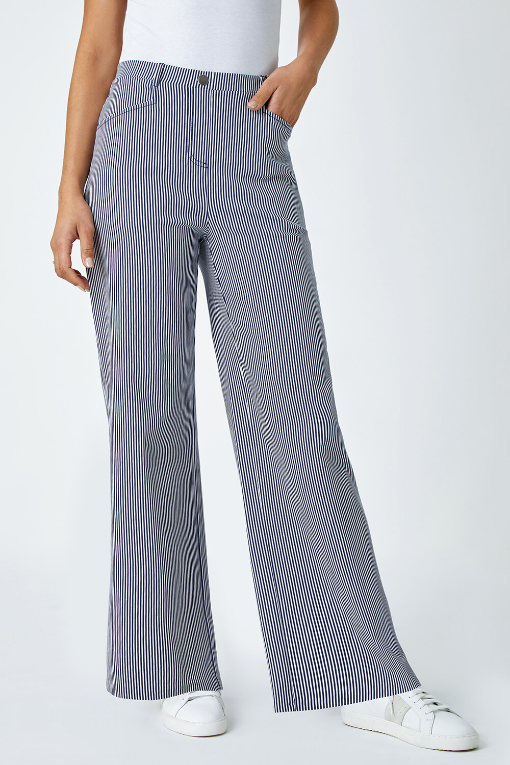 Navy  Striped Wide Leg Stretch Trousers, Image 5 of 5