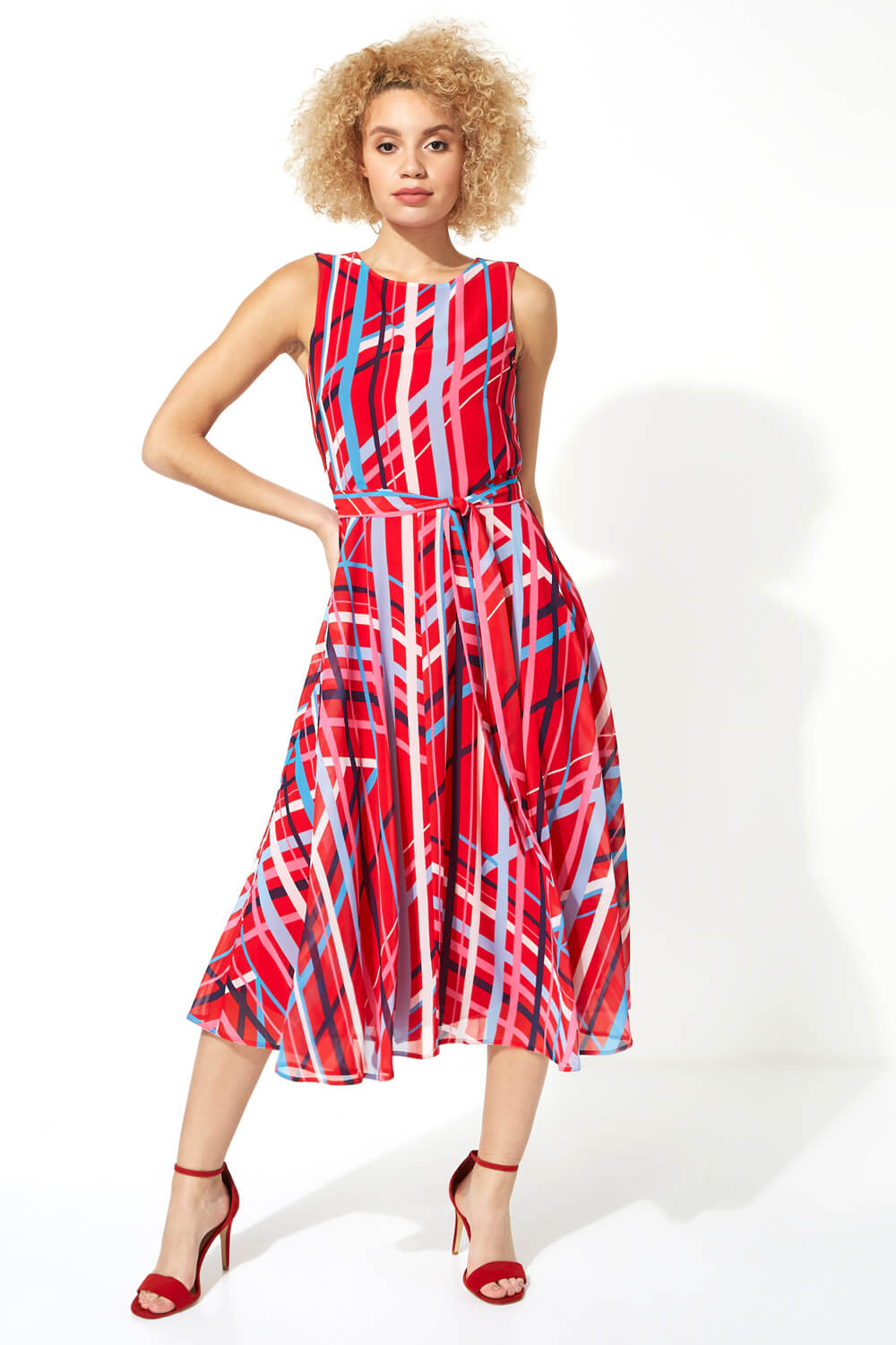 Stripe Print Fit and Flare Midi Dress