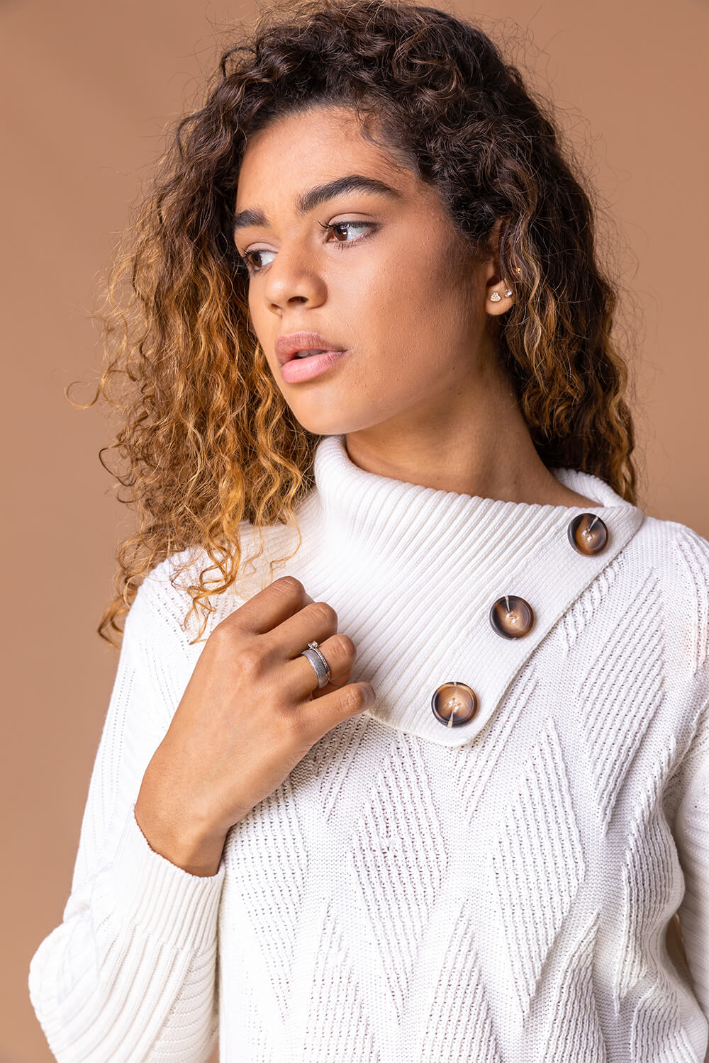 Ivory  Textured Cowl Neck Button Detail Jumper, Image 4 of 4