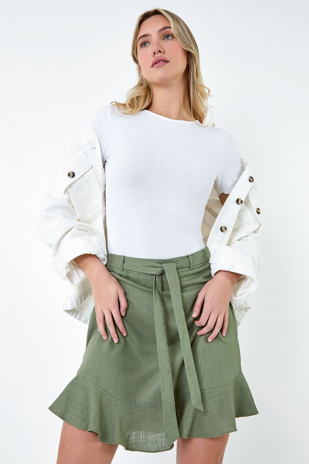 Green Frill Hem Linen Blend A Line Mini Skirt, Image 2 of 5