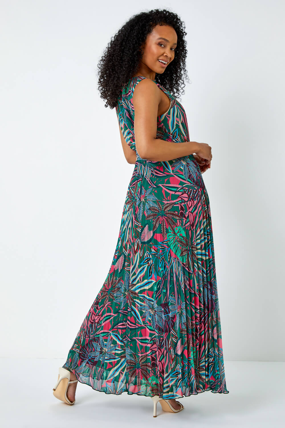 Green Petite Floral Pleated Maxi Dress, Image 3 of 5
