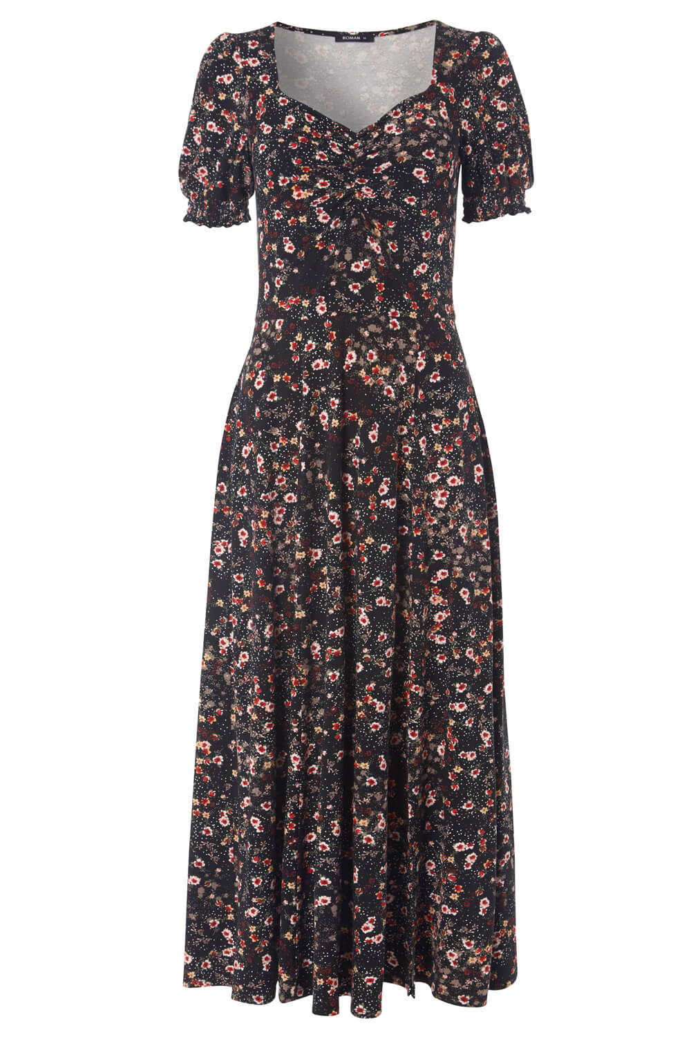 Ditsy Floral Ruched Midi Dress in Black - Roman Originals UK