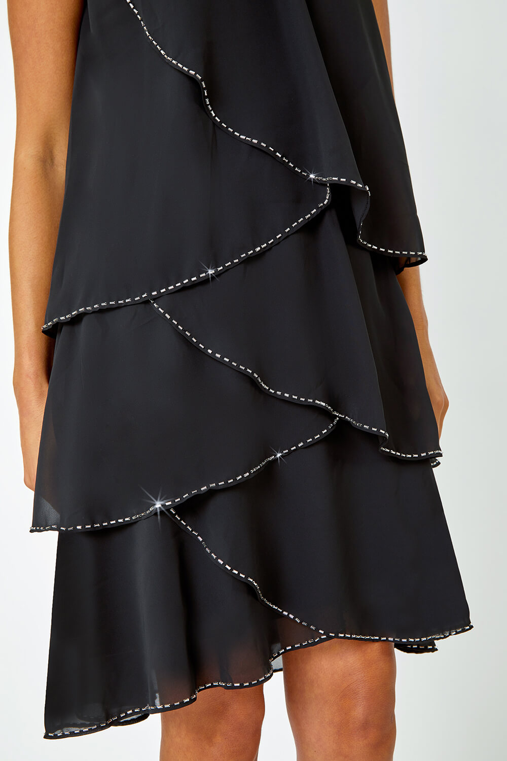 Black Sequin Trim Tiered Halterneck Dress, Image 5 of 6