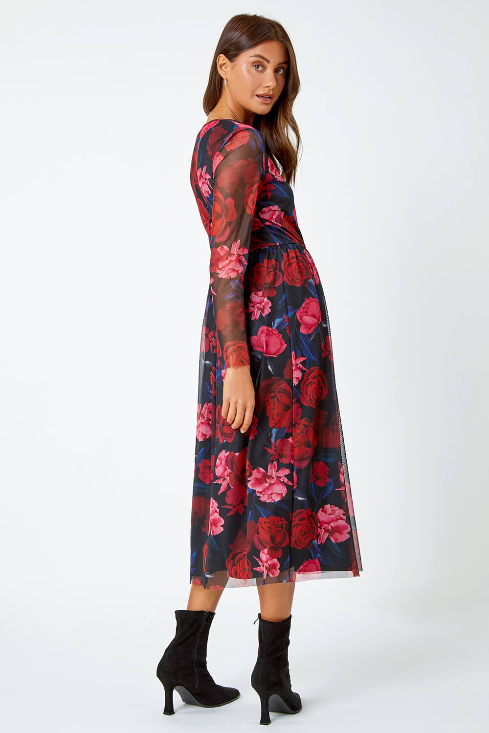 Red Floral Mesh Midi Stretch Dress, Image 3 of 5