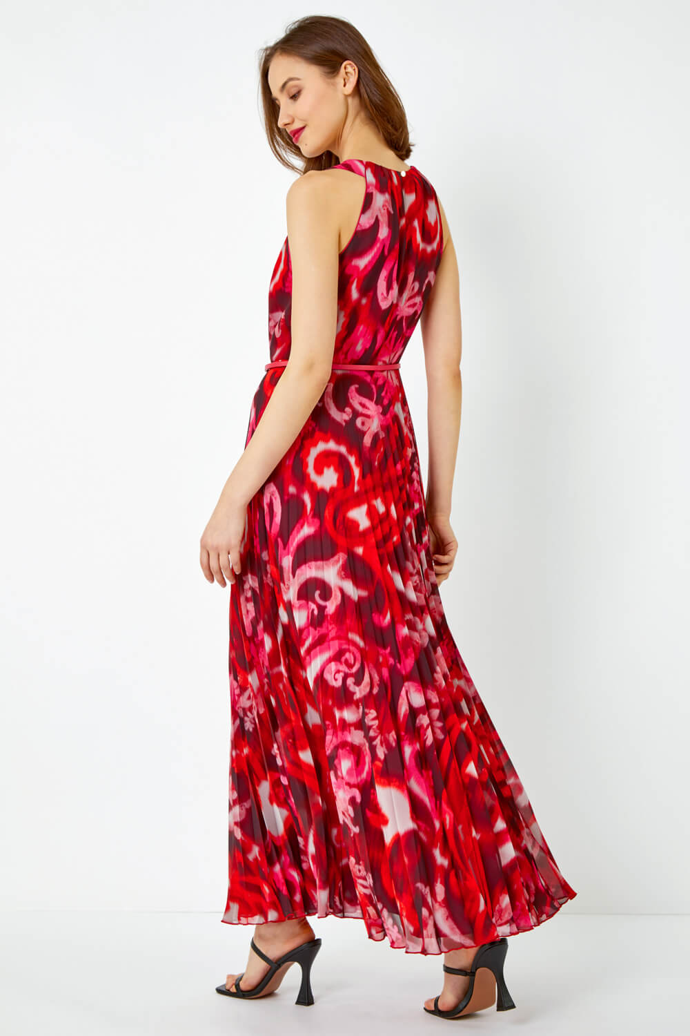 Red Swirl Print Pleated Maxi Dress, Image 3 of 5