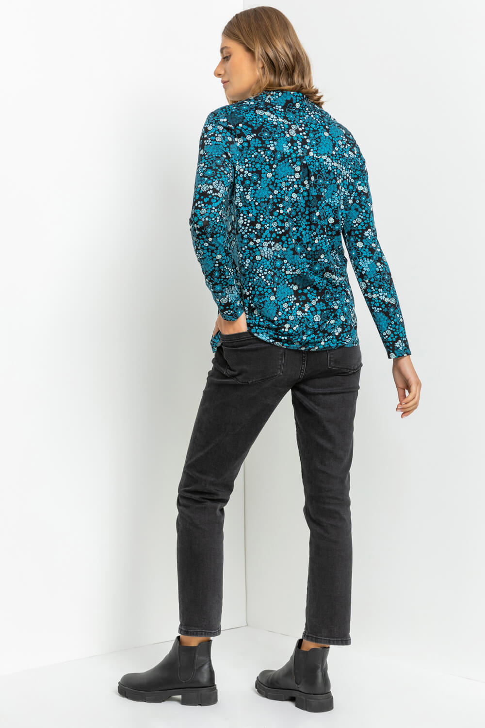 Teal Contrast Floral Print Long Sleeve Jersey Shirt, Image 2 of 4