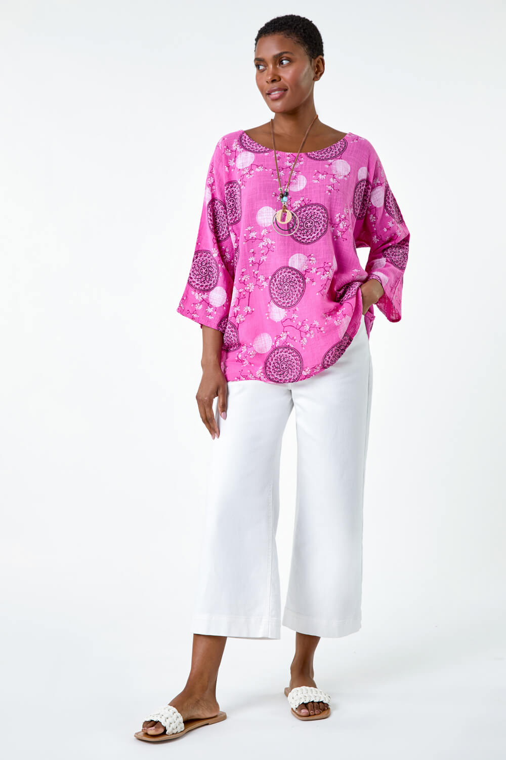 PINK Floral Embroidered Cotton Top with Necklace, Image 3 of 5