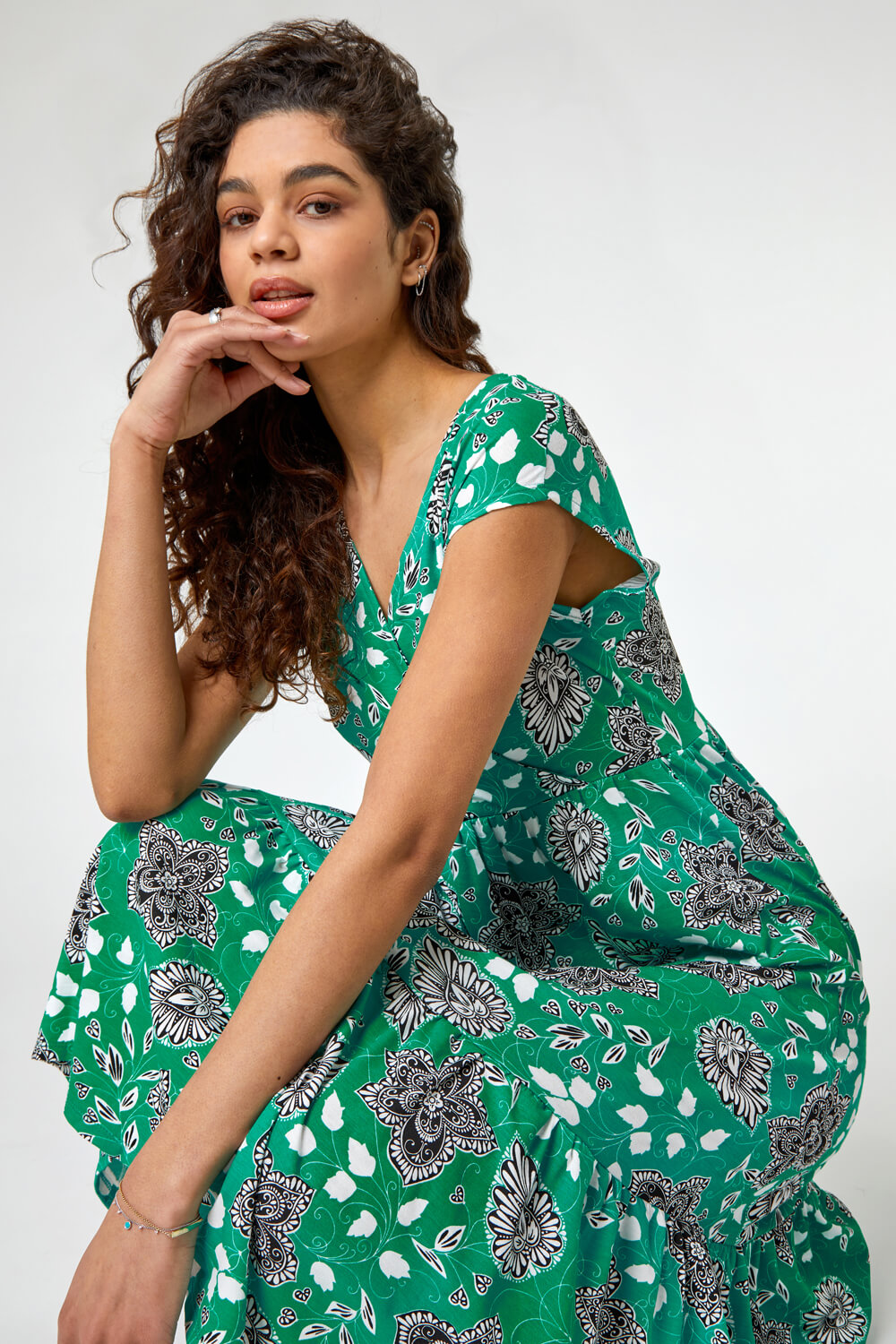 Green Floral Paisley Wrap Tiered Midi Dress, Image 5 of 5