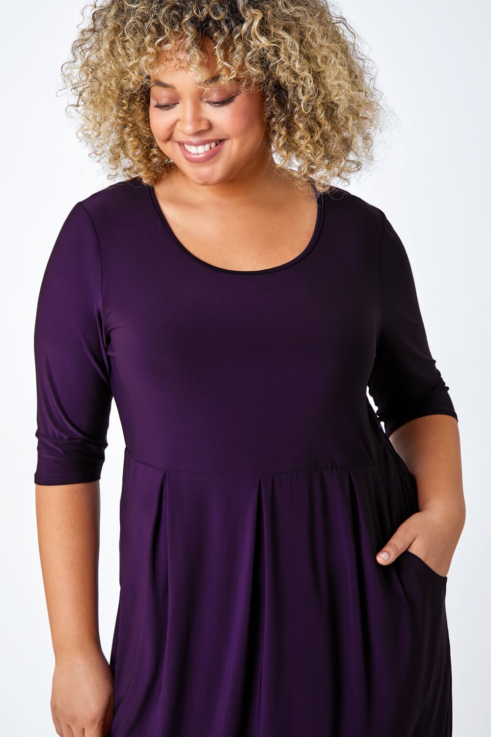 Purple Curve Pocket Detail Midi Stretch Dress, Image 4 of 5