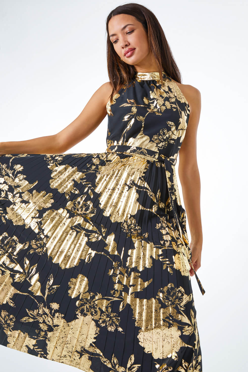Gold Metallic Print Halterneck Pleated Midi Dress, Image 2 of 5
