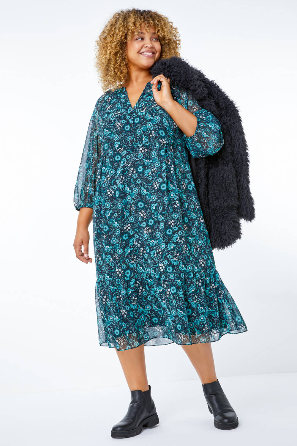 Teal Curve Floral Tiered Midi Dress, Image 2 of 5
