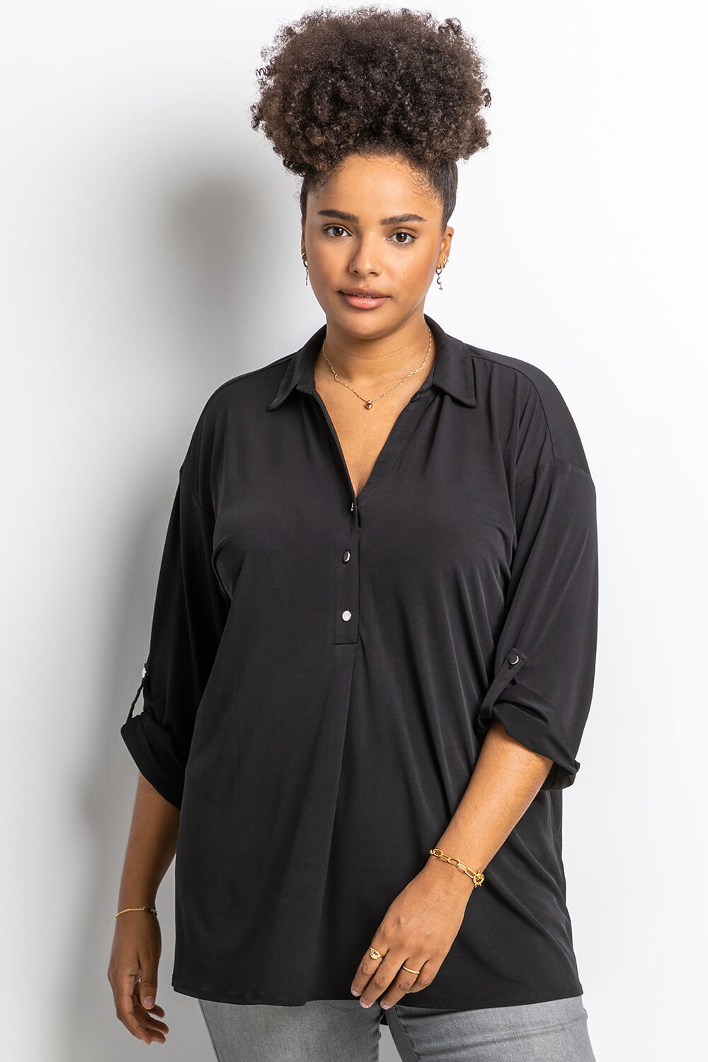Curve Plain Collared Jersey Top