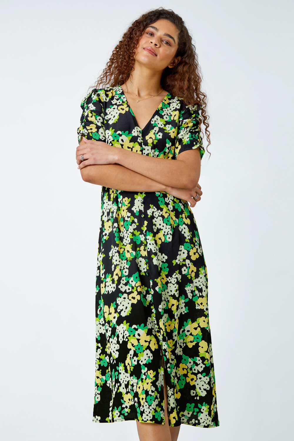 Ditsy Floral Ruched Sleeve Midi Dress