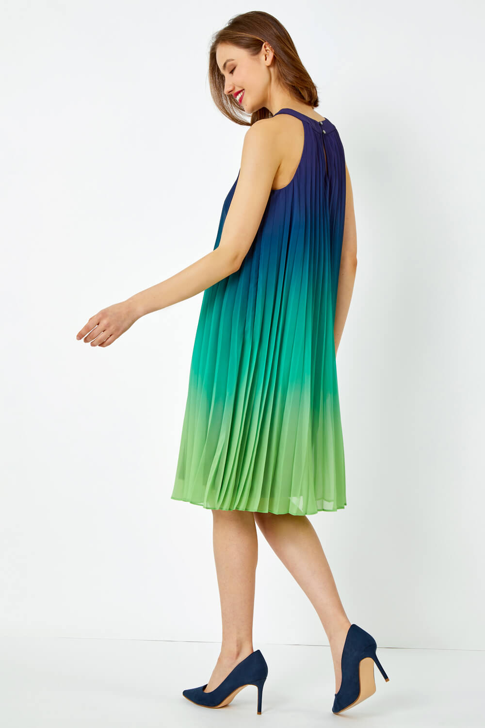 Navy  Ombre Halter Neck Pleated Swing Dress, Image 3 of 5