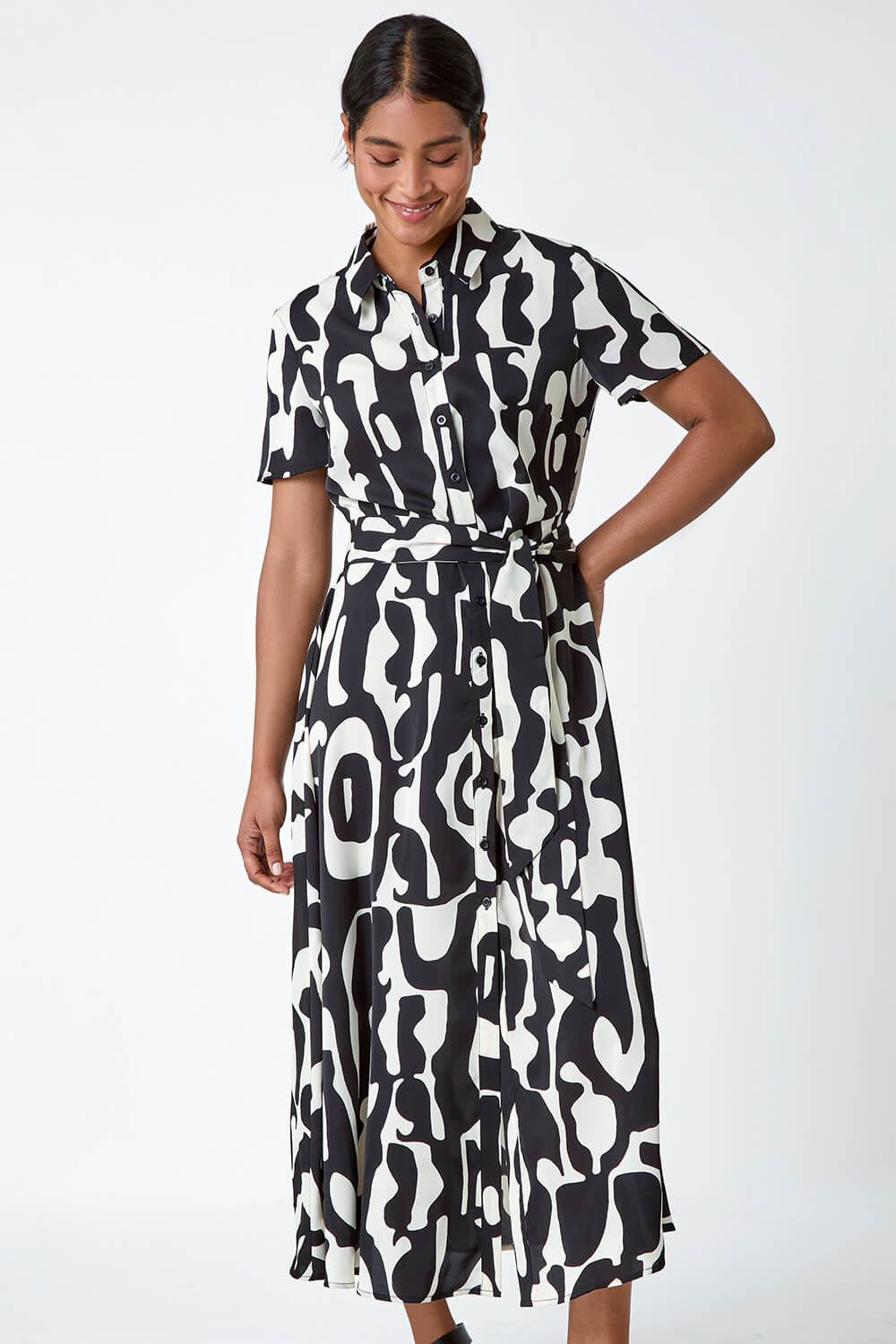 Black Abstract Print Fit & Flare Shirt Dress, Image 2 of 5